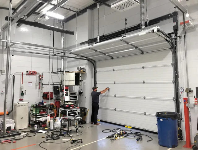 Fontana Garage Door Repair certified technician performing commercial door repair at a Fontana business facility