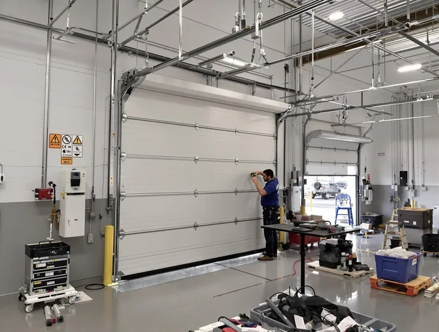Commercial garage door repair being performed by Fontana Garage Door Repair expert in Fontana