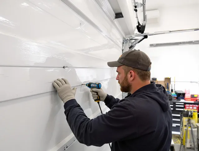 Fontana Garage Door Repair technician demonstrating precision dent removal techniques on a Fontana garage door