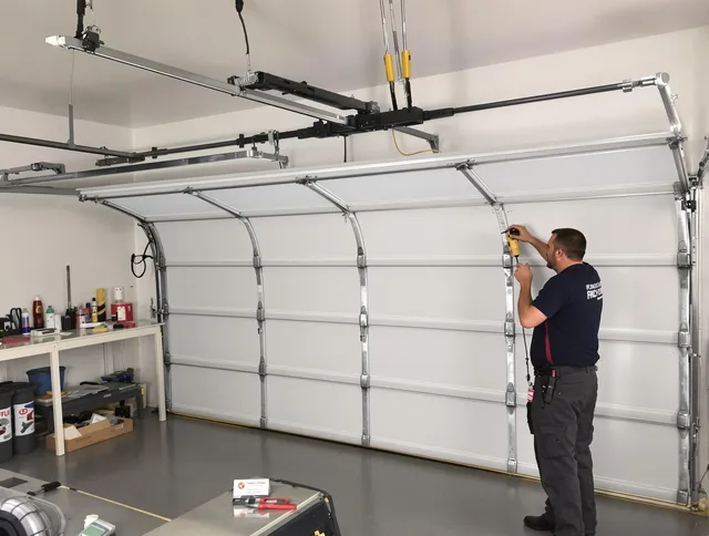 Fontana Garage Door Repair certified technician performing overhead door system repair in Fontana