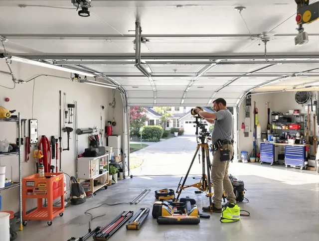 Fontana Garage Door Repair specialist performing laser-guided track alignment in Fontana